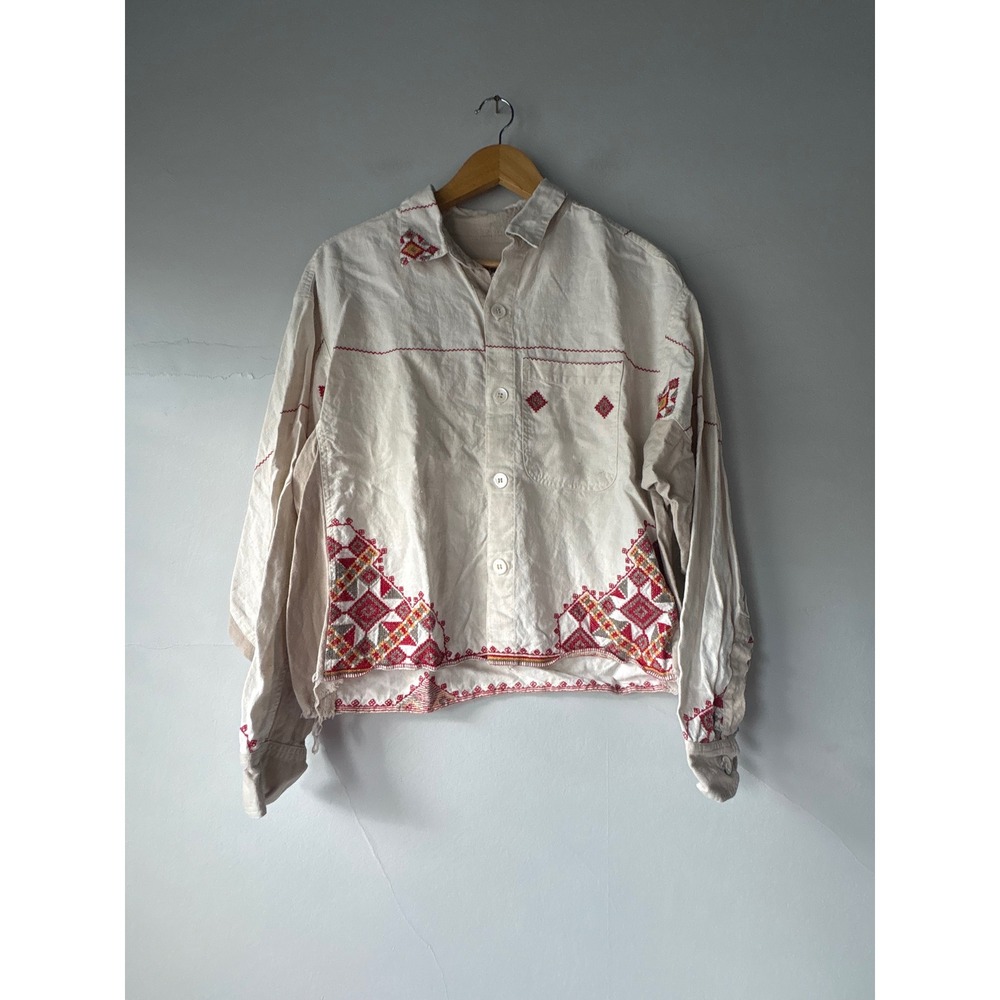 Jess Meany Embroidered Boxy Button Down Shirt Jacket Cream XL